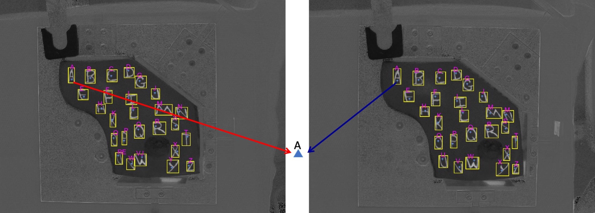 Stereo camera images with fiducials identified.