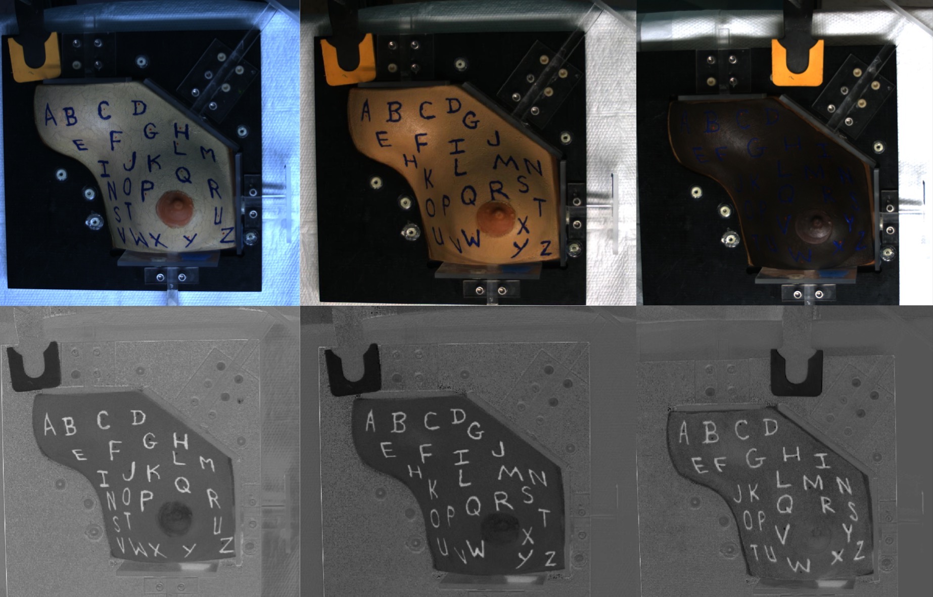 three phantoms painted light, medium, and dark skin tones with red fiducial dots and blue character labels (A-Z). Below, the same three phantoms in black and white with blue letters now showing white on skin that is darker gray.